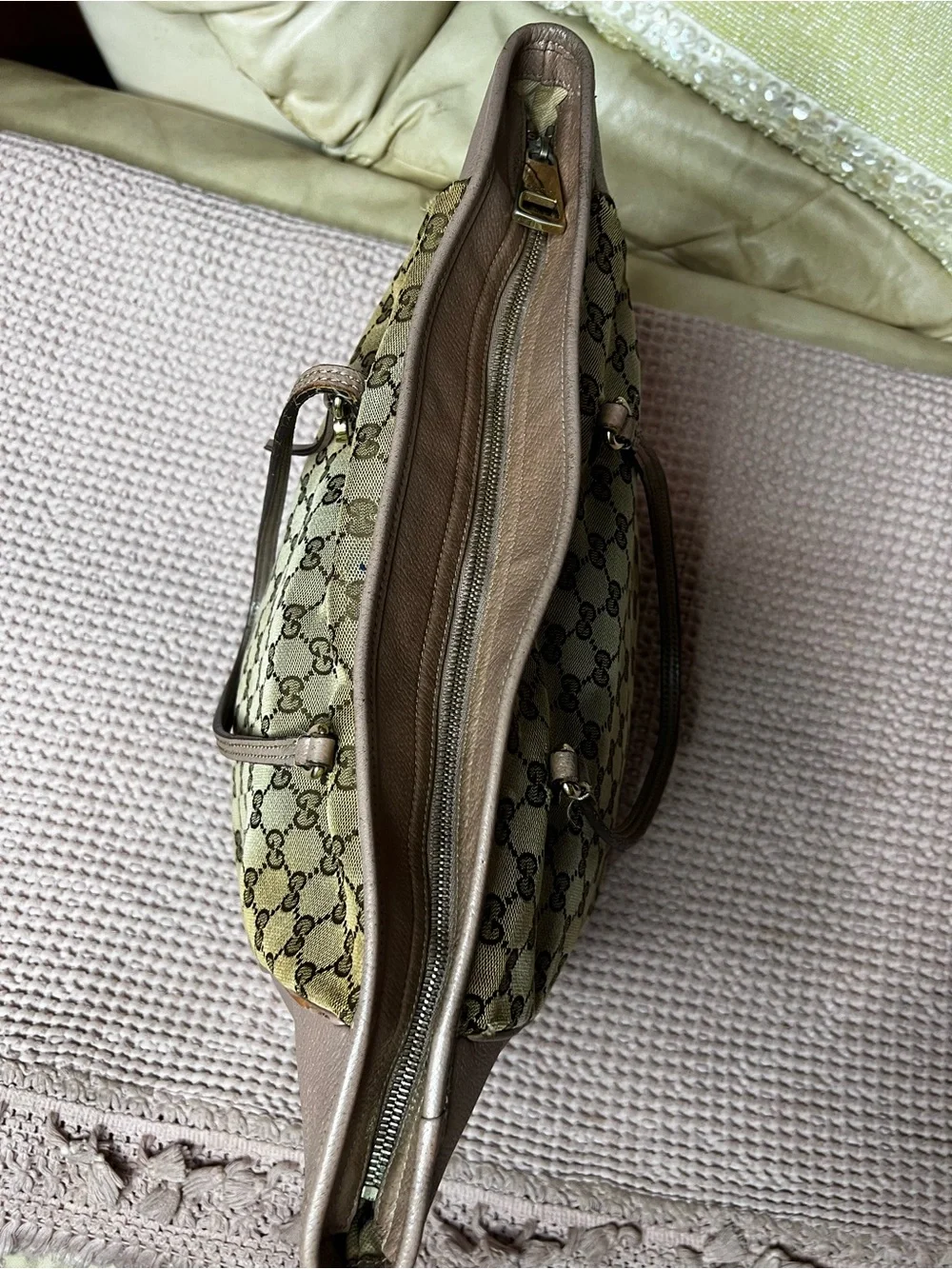 Gucci Bree GG Canvas Leather Tote Bag Pink/Taupe Authentic Made in Italy 323671